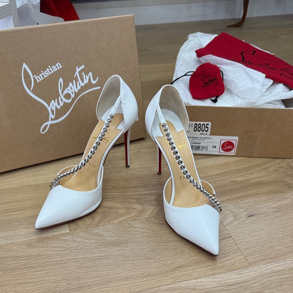 Christian Louboutin Spike Cross 100mm Heels – White w/ Silver Spikes – Size 38